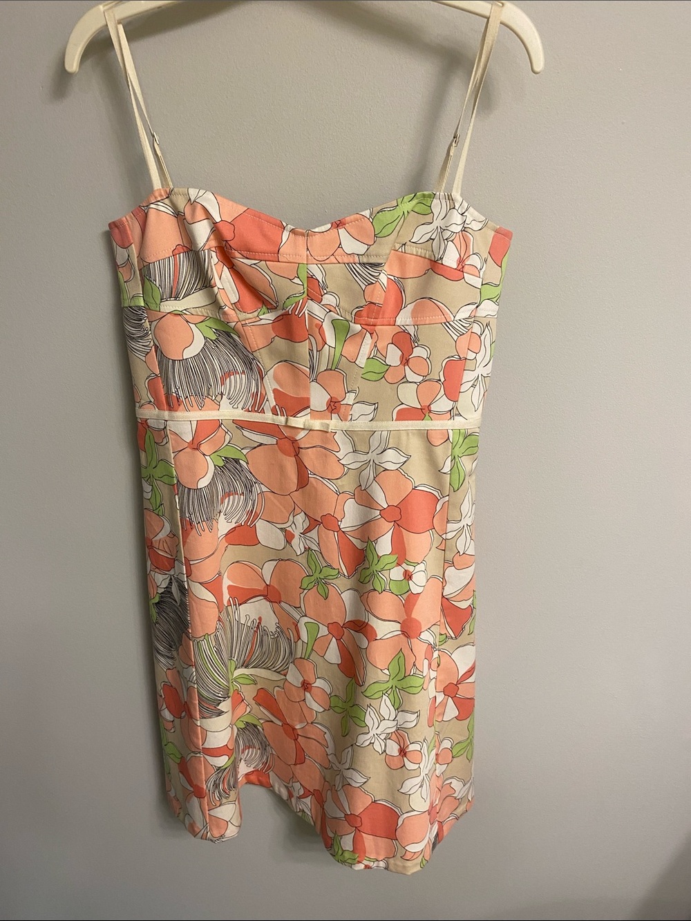 Tahari Coral, Cream and Green Floral Spaghetti-Strap Mini Dress